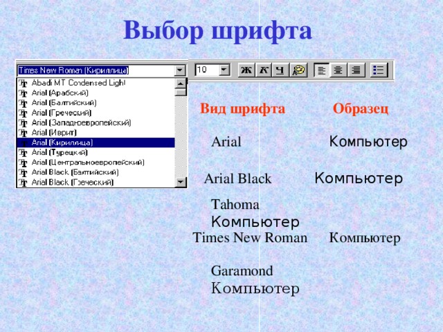 Выбор шрифта Вид шрифта    Образец Arial     Компьютер   Arial Black    Компьютер Tahoma   Компьютер    Times New Roman  Garamond   Компьютер 