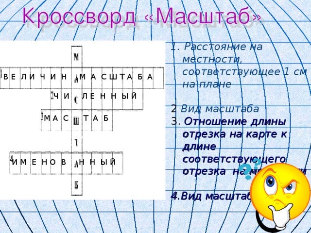  Ч И Л Е Н Н Ы Й 1. Расстояние на местности, соответствующее 1 см на плане  2 Вид масштаба 3. Отношение длины отрезка на карте к длине соответствующего отрезка на местности  4.Вид масштаба  В Е Л И Ч И Н М А С Ш Т А Б А М А С Т А Б И М Е Н О В Н Н Ы Й 
