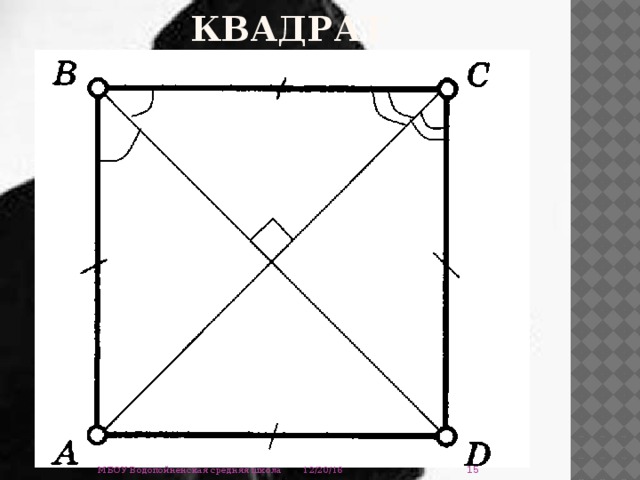 квадрат Диагонали квадрата пересекаются и делятся точкой пересечения пополам. Диагонали квадрата равны.  Диагонали квадрата являются биссектрисами его углов.  Диагонали квадрата пересекаются под прямым углом.  12/20/16 МБОУ Водопойненская средняя школа 