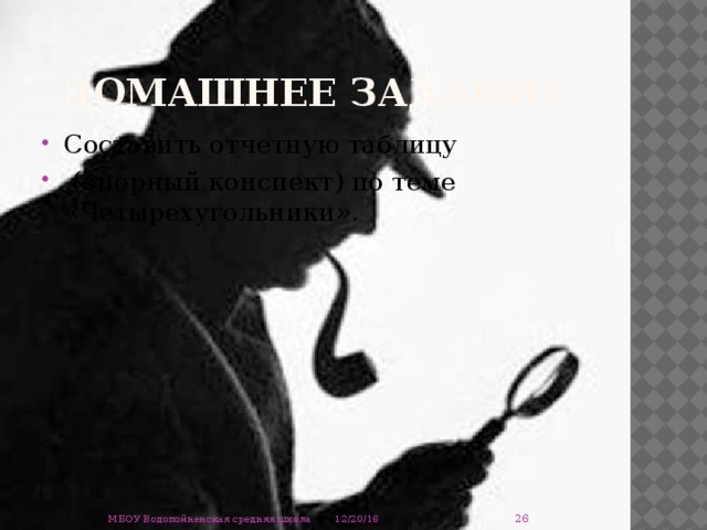Домашнее задание Составить отчетную таблицу  (опорный конспект) по теме «Четырехугольники».  12/20/16 МБОУ Водопойненская средняя школа 