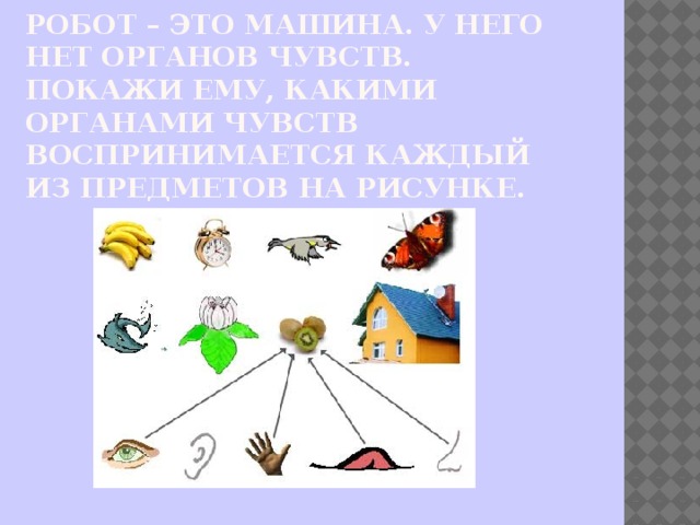 Робот – это машина. У него нет органов чувств. Покажи ему, какими органами чувств воспринимается каждый из предметов на рисунке.   