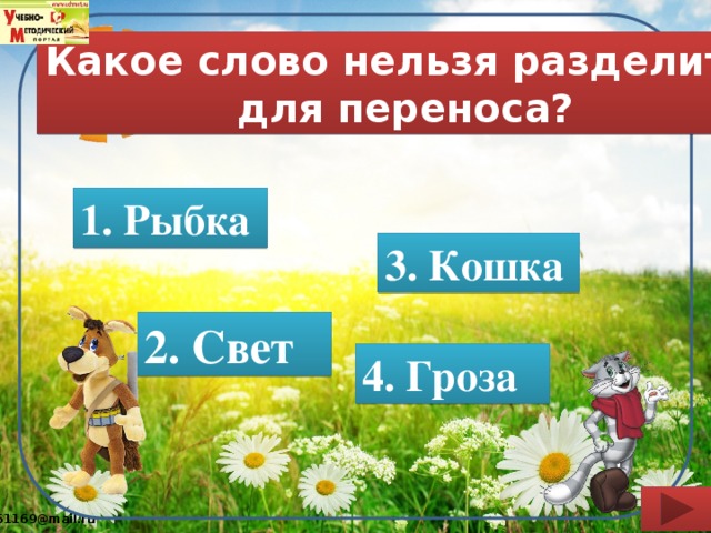 Какое слово нельзя разделить для переноса? 1. Рыбка 3. Кошка 2. Свет 4. Гроза 