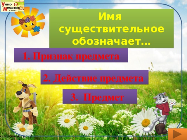 Имя существительное обозначает… 1. Признак предмета 2. Действие предмета 3. Предмет 