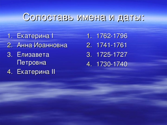 Сопоставь имена и даты: Екатерина I Анна Иоанновна Елизавета Петровна Екатерина II  1762-1796 1741-1761 1725-1727 1730-1740 