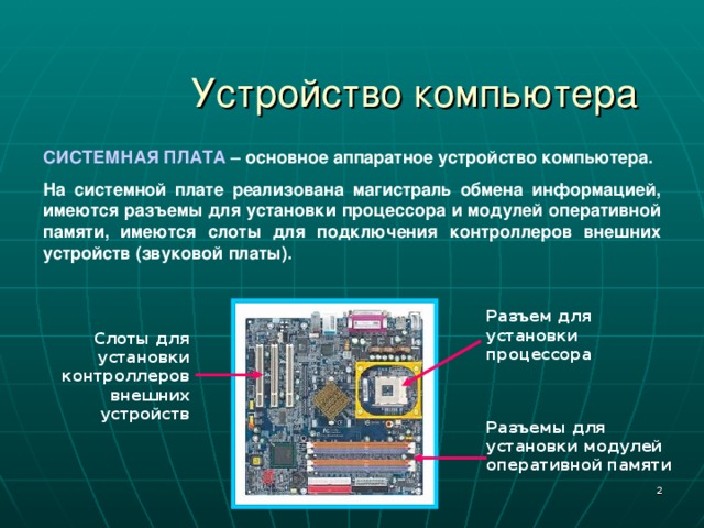 Устройство компьютера СИСТЕМНАЯ ПЛАТА – основное аппаратное устройство компьютера. На системной плате реализована магистраль обмена информацией, имеются разъемы для установки процессора и модулей оперативной памяти, имеются слоты для подключения контроллеров внешних устройств (звуковой платы). Разъем для установки процессора Слоты для установки контроллеров внешних устройств Разъемы для установки модулей оперативной памяти  