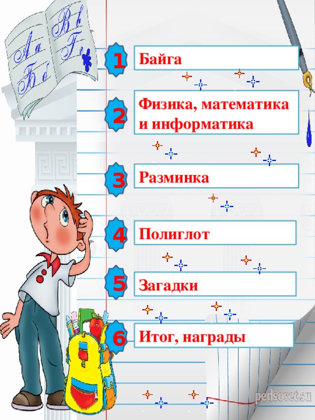 1 Байга Физика, математика и информатика 2 3 Разминка 4 Полиглот 5 Загадки 6 Итог, награды 