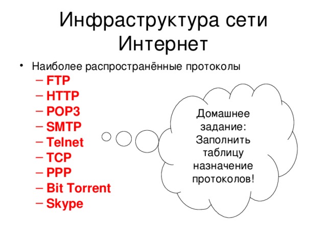 Инфраструктура сети Интернет Наиболее распространённые протоколы FTP HTTP POP3 SMTP Telnet TCP PPP Bit Torrent Skype FTP HTTP POP3 SMTP Telnet TCP PPP Bit Torrent Skype Домашнее задание: Заполнить таблицу назначение протоколов! 