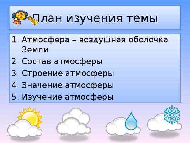 План изучения темы Атмосфера – воздушная оболочка Земли Состав атмосферы Строение атмосферы Значение атмосферы Изучение атмосферы 