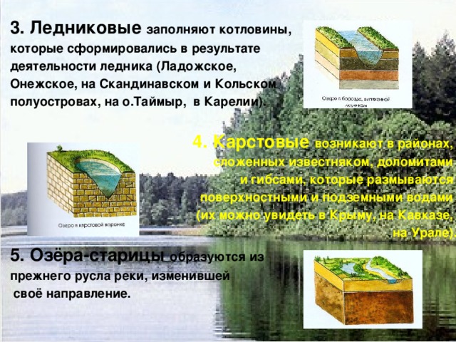3. Ледниковые заполняют котловины, которые сформировались в результате деятельности ледника (Ладожское, Онежское, на Скандинавском и Кольском полуостровах, на о.Таймыр, в Карелии).   4. Карстовые возникают в районах, сложенных известняком, доломитами и гибсами, которые размываются поверхностными и подземными водами (их можно увидеть в Крыму, на Кавказе, на Урале). 5. Озёра-старицы образуются из прежнего русла реки, изменившей  своё направление. 