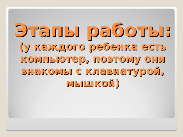 Этапы работы:  (у каждого ребенка есть компьютер, поэтому они знакомы с клавиатурой, мышкой) 