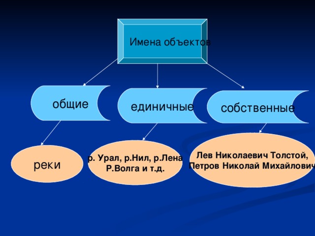 Имена объектов Имена объектов общие единичные собственные  Лев Николаевич Толстой, Петров Николай Михайлович  р. Урал, р.Нил, р.Лена Р.Волга и т.д. реки 