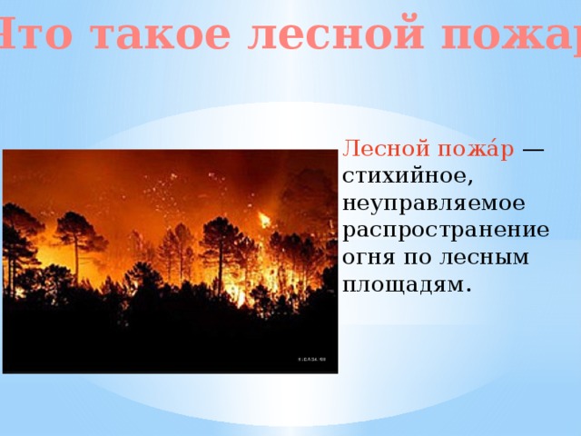 Что такое лесной пожар Лесной пожа́р — стихийное, неуправляемое распространение огня по лесным площадям. 