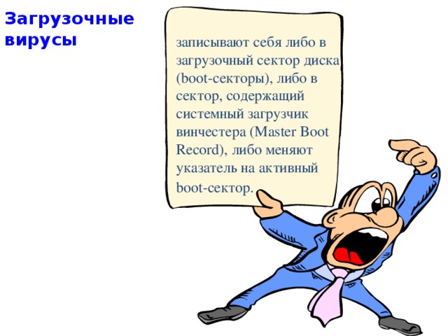 Загрузочные вирусы записывают себя либо в загрузочный сектор диска (boot-секторы), либо в сектор, содержащий системный загрузчик винчестера (Master Boot Record), либо меняют указатель на активный boot-сектор.  