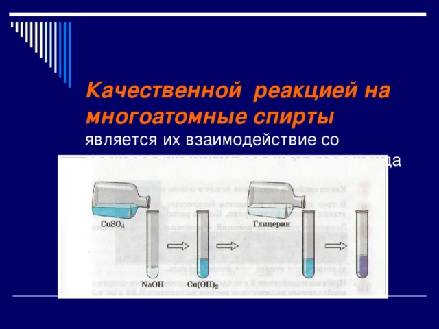   Качественной реакцией на многоатомные спирты  является их взаимодействие со свежеполученным осадком гидроксида меди( II ), который растворяется с образованием ярко- синего раствора 
