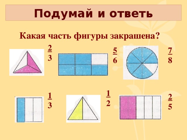 Подумай и ответь  Какая часть фигуры закрашена? 2 3 7 5 8 6 1 2 1 3 2 5 