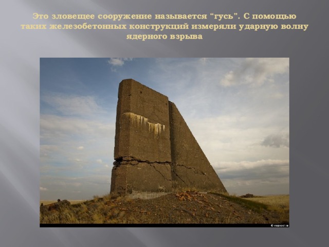 Это зловещее сооружение называется “гусь”. С помощью таких железобетонных конструкций измеряли ударную волну ядерного взрыва   