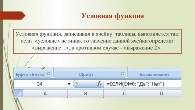 Условная функция Условная функция, записанная в ячейку таблицы, выполняется так: если  истинно, то значение данной ячейки определит , в противном случае - . 