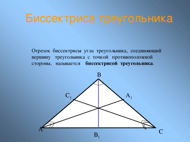 Биссектриса треугольника Отрезок биссектрисы угла треугольника, соединяющий вершину треугольника с точкой противоположной стороны, называется биссектрисой треугольника . В А 1 С 1 А С В 1 