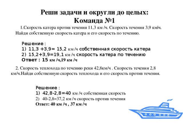 Реши задачи и округли до целых: Команда №1 Скорость катера против течения 11,3 км /ч. Скорость течения 3,9 км|ч. Найди собственную скорость катера и его скорость по течению. Решение : 11,3 +3,9= 15,2 км /ч собственная скорость катера 15,2+3,9=19,1 км /ч скорость катера по течению Ответ : 15 км /ч,19 км /ч 2. Скорость теплохода по течению реки 42,8км/ч . Скорость течения 2,8 км/ч.Найди собственную скорость теплохода и его скорость против течения. Решение : 42,8-2,8=40 км /ч собственная скорость 40-2,8=37,2 км /ч скорость против течения Ответ: 40 км /ч , 37 км /ч 
