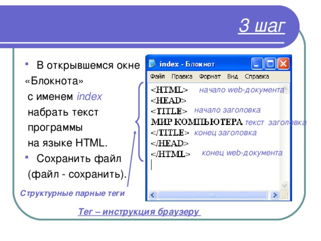 3 шаг В открывшемся окне «Блокнота»  с именем index  набрать текст  программы  на языке HTML. Сохранить файл  (файл - сохранить). начало web -документа начало заголовка текст заголовка конец заголовка конец web -документа Структурные парные теги Тег – инструкция браузеру 