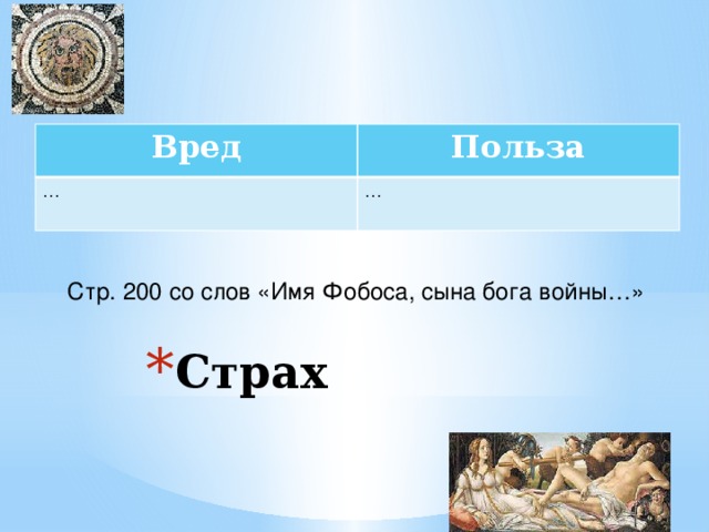 Вред Польза … … Стр. 200 со слов «Имя Фобоса, сына бога войны…» Страх 