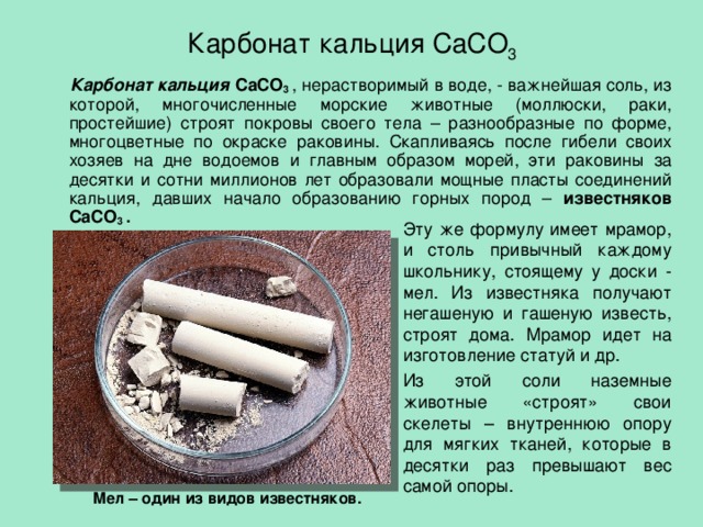 Карбонат кальция CaCO 3  Карбонат кальция  CaCO 3  , нерастворимый в воде, - важнейшая соль, из которой, многочисленные морские животные (моллюски, раки, простейшие) строят покровы своего тела – разнообразные по форме, многоцветные по окраске раковины. Скапливаясь после гибели своих хозяев на дне водоемов и главным образом морей, эти раковины за десятки и сотни миллионов лет образовали мощные пласты соединений кальция, давших начало образованию горных пород – известняков  CaCO 3 .  Эту же формулу имеет мрамор, и столь привычный каждому школьнику, стоящему у доски - мел. Из известняка получают негашеную и гашеную известь, строят дома. Мрамор идет на изготовление статуй и др. Из этой соли наземные животные «строят» свои скелеты – внутреннюю опору для мягких тканей, которые в десятки раз превышают вес самой опоры. Мел – один из видов известняков.  