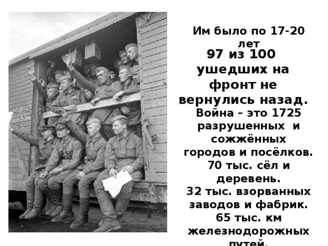 Им было по 17-20 лет 97 из 100 ушедших на фронт не вернулись назад. Война – это 1725 разрушенных и сожжённых городов и посёлков. 70 тыс. сёл и деревень. 32 тыс. взорванных заводов и фабрик. 65 тыс. км железнодорожных путей. 
