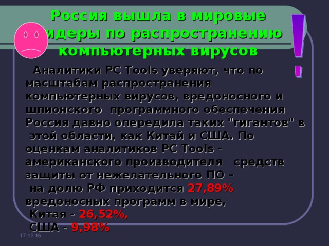 Россия вышла в мировые лидеры по распространению компьютерных вирусов  Аналитики PC Tools уверяют, что по масштабам распространения компьютерных вирусов, вредоносного и шпионского программного обеспечения Россия давно опередила таких 