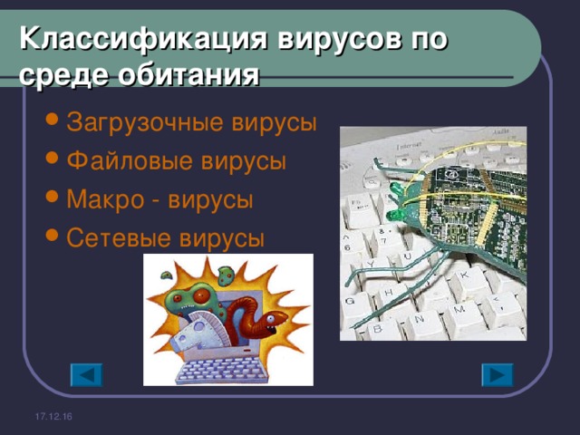 Классификация вирусов по среде обитания Загрузочные вирусы Файловые вирусы Макро - вирусы Сетевые вирусы 17.12.16 