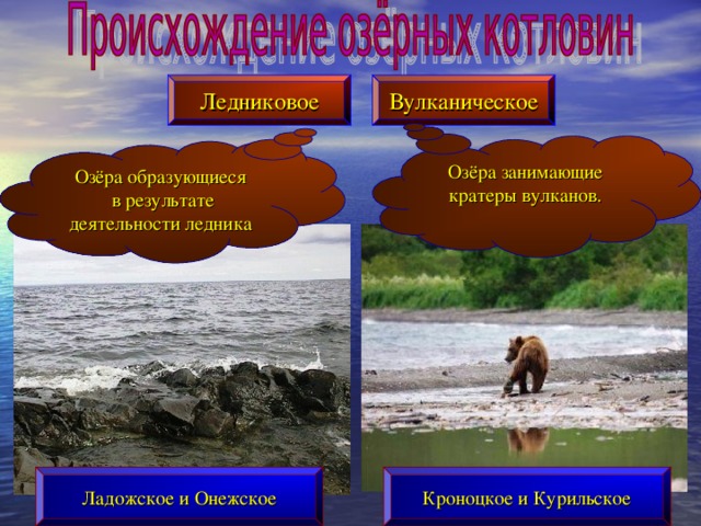 Ледниковое Вулканическое Озёра занимающие кратеры вулканов. Озёра образующиеся  в результате деятельности ледника Кроноцкое и Курильское Ладожское и Онежское 