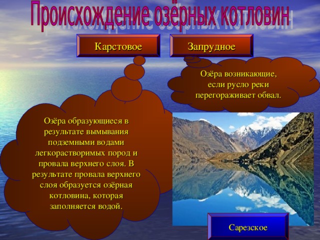 Карстовое Запрудное Озёра возникающие, если русло реки перегораживает обвал. Озёра образующиеся в результате вымывания подземными водами легкорастворимых пород и провала верхнего слоя. В результате провала верхнего слоя образуется озёрная котловина, которая заполняется водой. Сарезское 