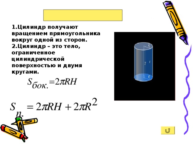 1.Цилиндр получают вращением прямоугольника вокруг одной из сторон. 2.Цилиндр – это тело, ограниченное цилиндрической поверхностью и двумя кругами. 