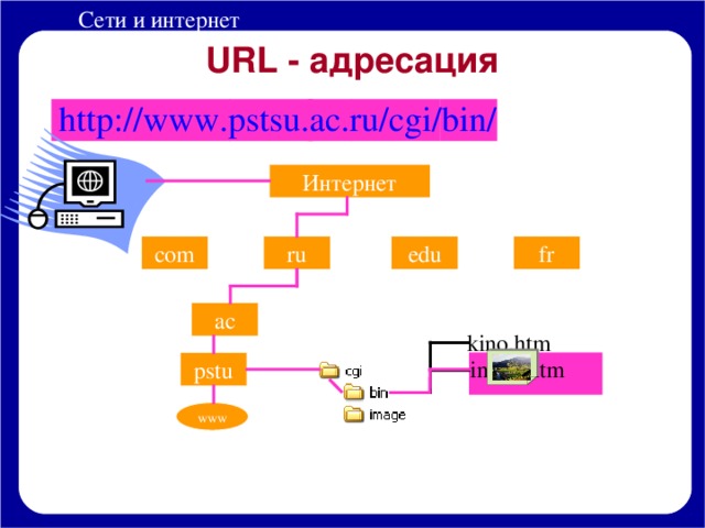 URL - адресация http://www.pstsu.ac.ru/cgi/bin/ Интернет ru fr com edu ac kino.htm index.htm pstu www 