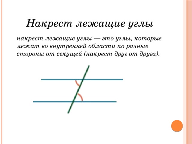 Накрест лежащие углы накрест лежащие углы — это углы, которые лежат во внутренней области по разные стороны от секущей (накрест друг от друга). 