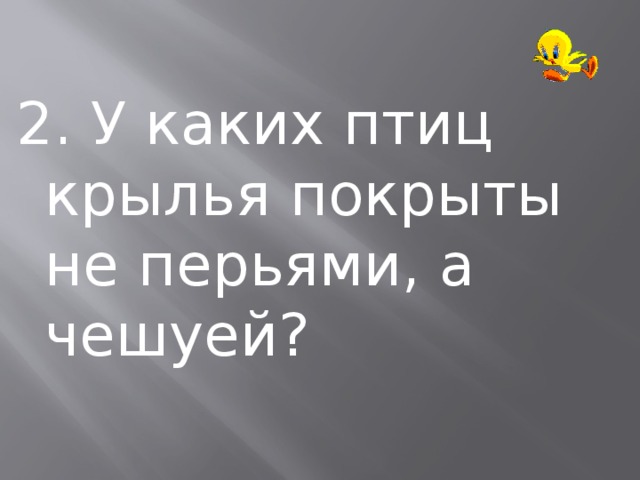 2. У каких птиц крылья покрыты не перьями, а чешуей? 