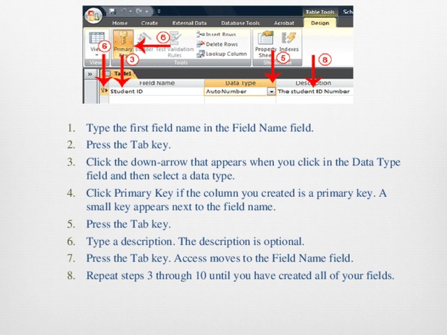 Type the first field name in the Field Name field. Press the Tab key. Click the down-arrow that appears when you click in the Data Type field and then select a data type. Click Primary Key if the column you created is a primary key. A small key appears next to the field name. Press the Tab key. Type a description. The description is optional. Press the Tab key. Access moves to the Field Name field. Repeat steps 3 through 10 until you have created all of your fields. Type the first field name in the Field Name field. Press the Tab key. Click the down-arrow that appears when you click in the Data Type field and then select a data type. Click Primary Key if the column you created is a primary key. A small key appears next to the field name. Press the Tab key. Type a description. The description is optional. Press the Tab key. Access moves to the Field Name field. Repeat steps 3 through 10 until you have created all of your fields. 