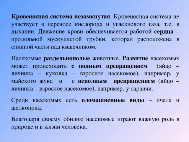 Кровеносная система незамкнутая . Кровеносная система не участвует в переносе кислорода и углекислого газа, т.е. в дыхании. Движение крови обеспечивается работой сердца – продольной мускулистой трубки, которая расположена в спинной части над кишечником. Насекомые раздельнополые животные. Развитие насекомых может происходить с полным  превращением (яйцо – личинка – куколка – взрослое насекомое), например, у майского жука и с неполным превращением (яйцо – личинка – взрослое насекомое), например, у саранчи. Среди насекомых есть одомашненные виды – пчела и шелкопряд. Благодаря своему обилию насекомые играют важную роль в природе и в жизни человека.  