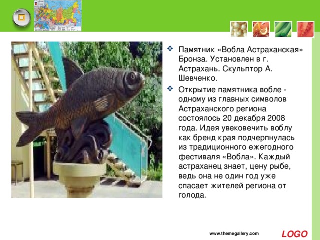 Памятник «Вобла Астраханская» Бронза. Установлен в г. Астрахань. Скульптор А. Шевченко. Открытие памятника вобле - одному из главных символов Астраханского региона состоялось 20 декабря 2008 года. Идея увековечить воблу как бренд края подчерпнулась из традиционного ежегодного фестиваля «Вобла». Каждый астраханец знает, цену рыбе, ведь она не один год уже спасает жителей региона от голода.  www.themegallery.com 