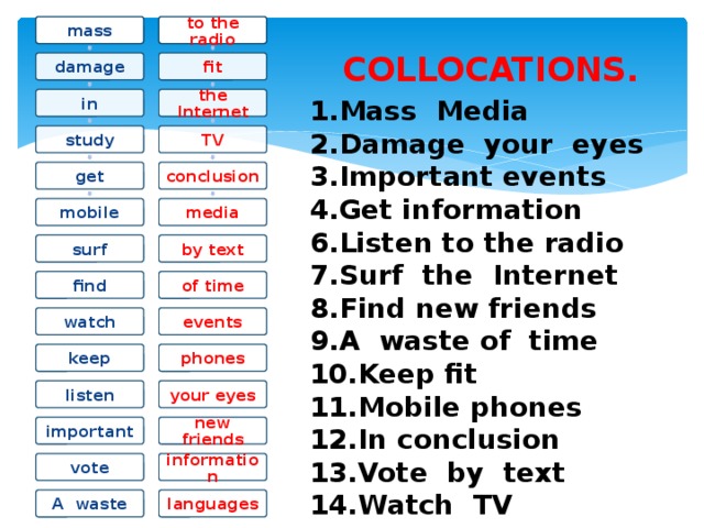 mass to the radio COLLOCATIONS. damage fit in the Internet 1.Mass Media 2.Damage your eyes 3.Important events 4.Get information 6.Listen to the radio 7.Surf the Internet 8.Find new friends 9.A waste of time 10.Keep fit 11.Mobile phones 12.In conclusion 13.Vote by text 14.Watch TV study TV get conclusion media mobile surf by text of time find events watch keep phones listen your eyes new friends important information vote A waste languages 