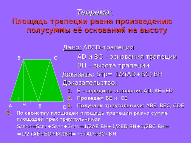 Теорема:   Площадь трапеции равна произведению полусуммы её оснований на высоту   Дано:  ABCD -трапеция  AD и BC – основания трапеции  BH – высота трапеции  Доказать:  S тр= 1/2(AD+BC) BH   Доказательство:     1 . Е – середина основания AD , AE=ED  2 . Проведём BE и CE   3 . Получаем треугольники: ABE , BEC , CDE По свойству площадей площадь трапеции равна сумме площадей трёх треугольников.  S ABCD =S ABE +S BEC +S CED =1/2AE BH+1/2ED BH+1/2BC BH=  =1/2 (AE+ED+BC)BH= ½ (AD+BC)  BH C B H A E D 