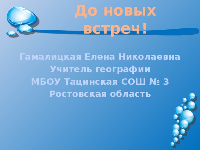 До новых встреч! Гамалицкая Елена Николаевна Учитель географии МБОУ Тацинская СОШ № 3 Ростовская область 
