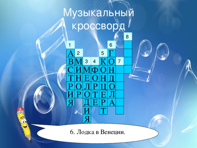 Музыкальный  кроссворд 1 А Г 2 5 В М К О 4 3 С И М О Ф Н О Т Н Е Н Д Л О О Р Р Ц Л И Р О Т Е Д Е Р Я А Т И Я 6. Лодка в Венеции. 