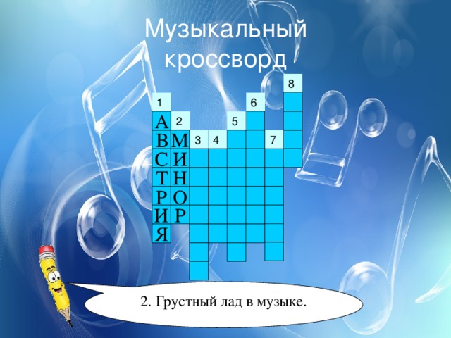 Музыкальный  кроссворд 1 А 2 5 В М 3 4 С И Н Т Р О И Р Я 2. Грустный лад в музыке. 