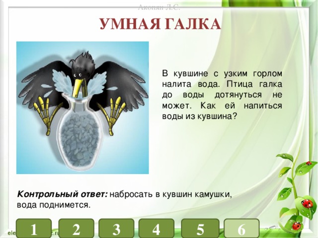 Акопян Л.С. Умная галка В кувшине с узким горлом налита вода. Птица галка до воды дотянуться не может. Как ей напиться воды из кувшина? Контрольный ответ: набросать в кувшин камушки, вода поднимется. 1 4 3 6 5 2 
