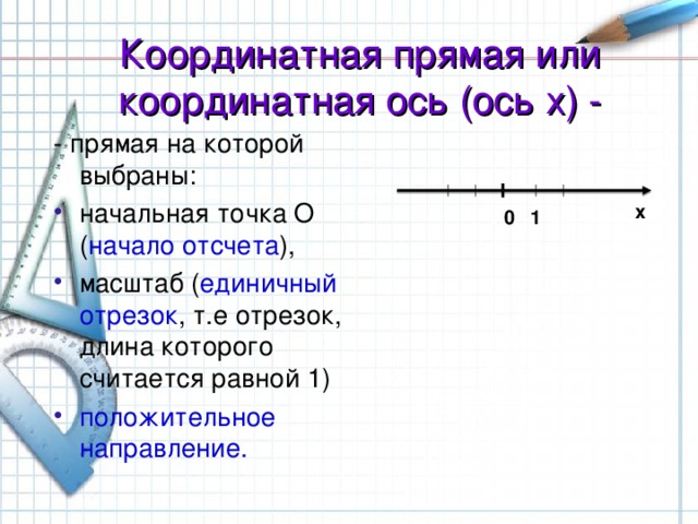 Координатная прямая или координатная ось (ось x ) - - прямая на которой выбраны: начальная точка О ( начало отсчета ), масштаб ( единичный отрезок , т.е отрезок, длина которого считается равной 1) положительное направление. х 1 0  