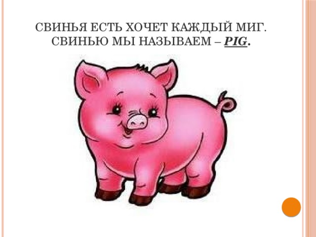 Свинья есть хочет каждый миг.  Свинью мы называем –  pig . 