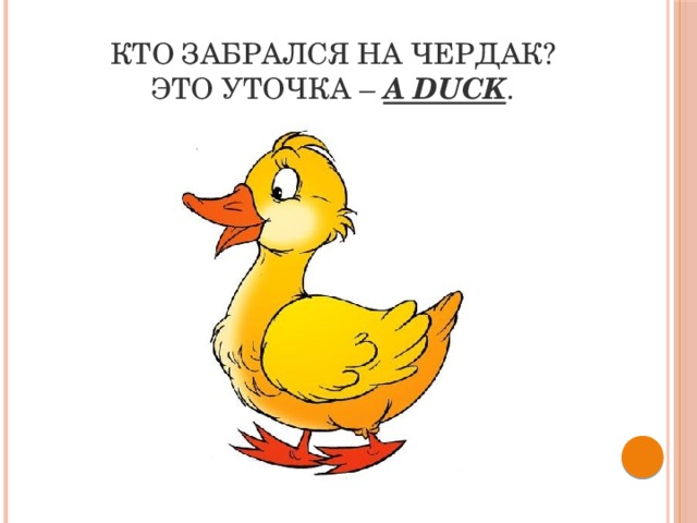 Кто забрался на чердак?  Это уточка –  a duck . 