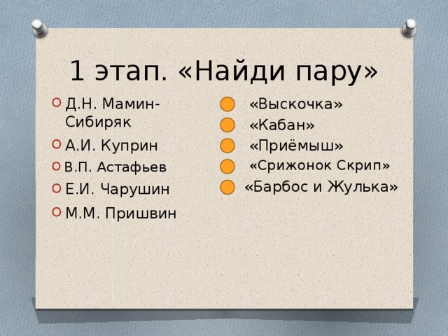 1 этап. «Найди пару» Д.Н. Мамин-Сибиряк «Выскочка» «Кабан» А.И. Куприн «Приёмыш» «Срижонок Скрип» В.П. Астафьев «Барбос и Жулька» Е.И. Чарушин М.М. Пришвин 