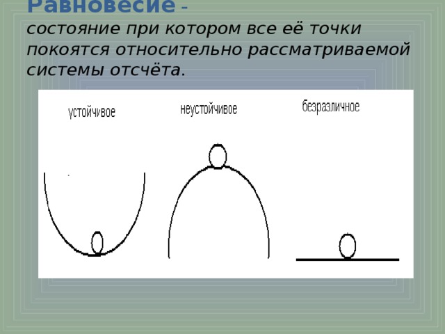 Равновесие –   состояние при котором все её точки покоятся относительно рассматриваемой системы отсчёта.    