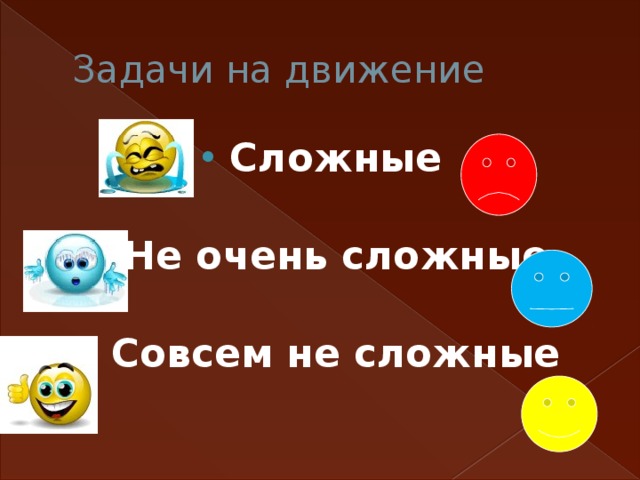 Задачи на движение Сложные  Не очень сложные  Совсем не сложные 